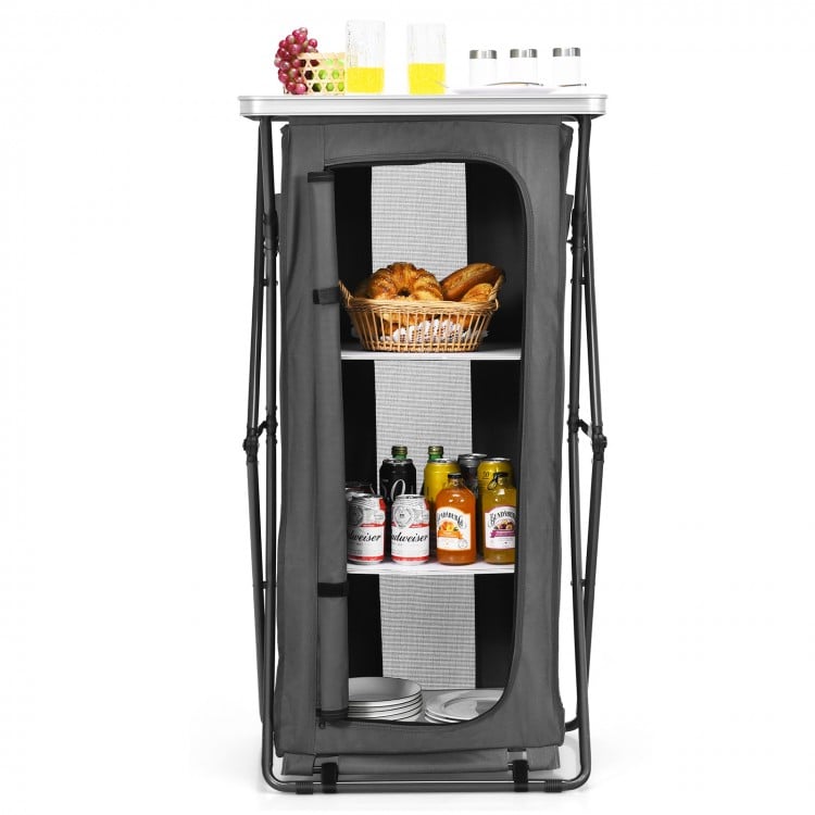 Folding camping storage cabinet with 3 shelves and waterproof oxford cloth, ideal for outdoor activities and easy.